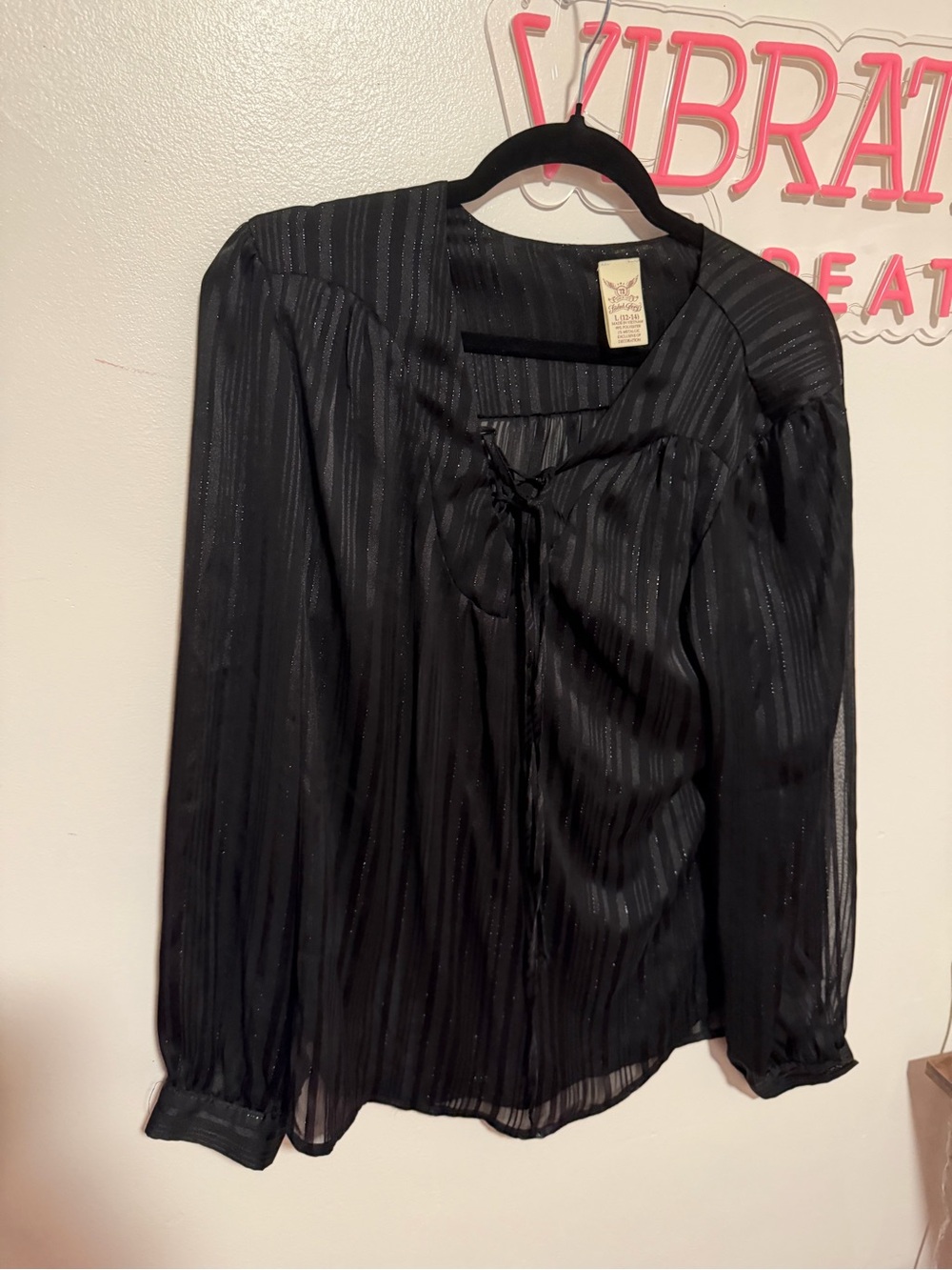 Faded Glory Black Sheer Long-Sleeve Tie-Front Blouse